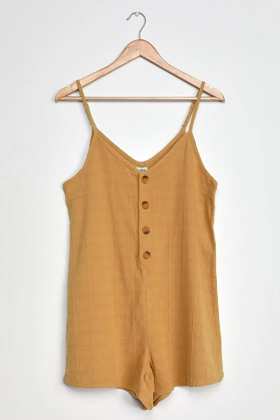 Amalie Dark Mustard Button-Front Sleeveless Romper sold by Lulus product image thumbnail 4