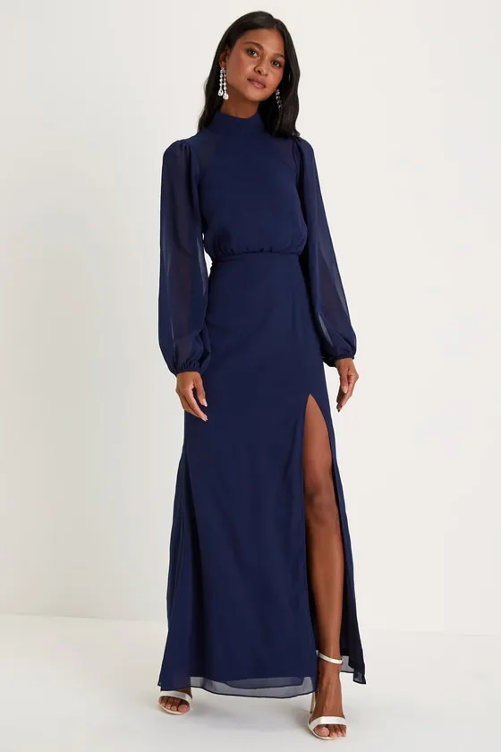 Graceful Entrance Navy Blue Long Sleeve Backless Maxi Dress sold by Lulus