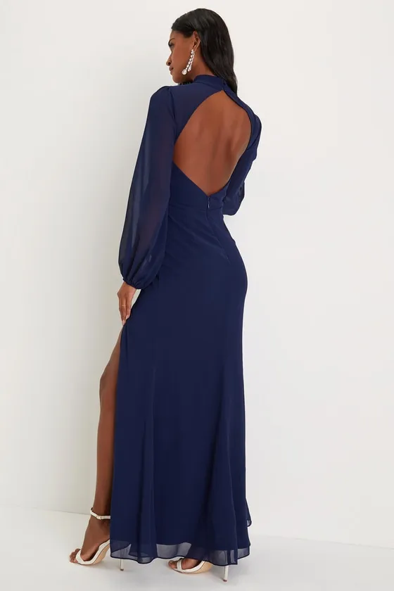 Graceful Entrance Navy Blue Long Sleeve Backless Maxi Dress sold by Lulus product image thumbnail 2