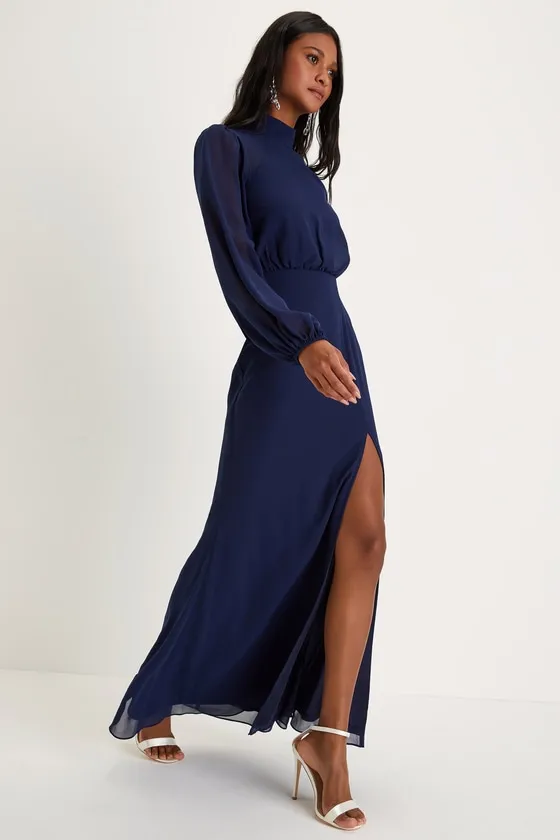 Graceful Entrance Navy Blue Long Sleeve Backless Maxi Dress sold by Lulus product image thumbnail 4