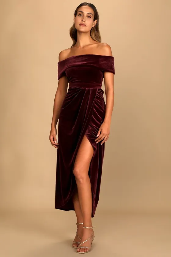 I'm Enchanted Burgundy Velvet Off-the-Shoulder Maxi Dress sold by Lulus