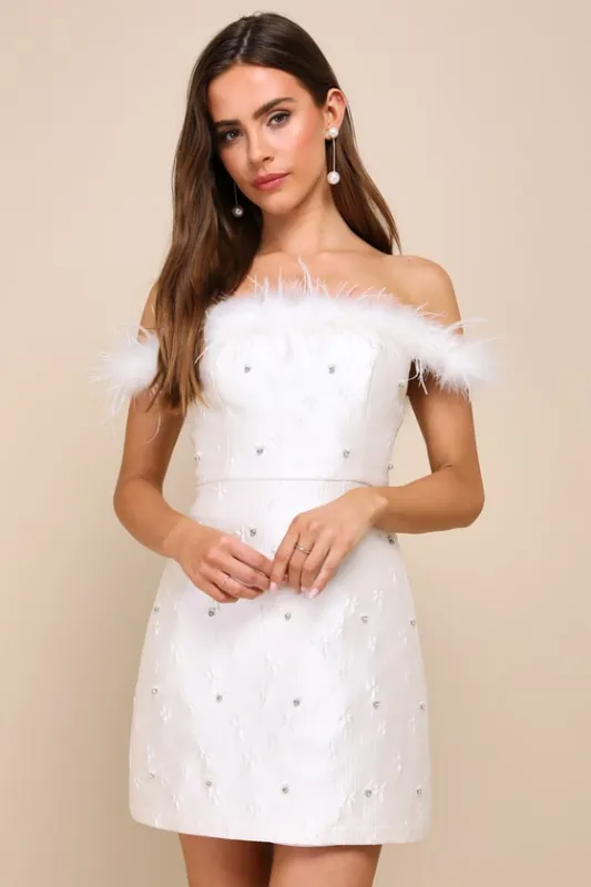 Charming Always Ivory Floral Jacquard Feather Mini Dress sold by Lulus