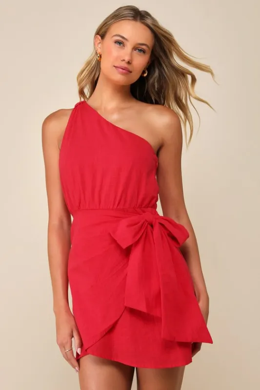 Forever Summer Red One-Shoulder Faux Wrap Mini Dress sold by Lulus
