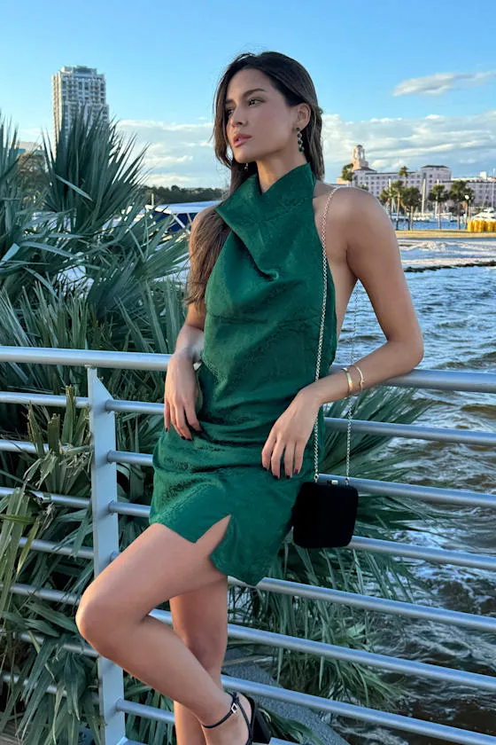 Simply a Stunner Emerald Jacquard Cowl Backless Mini Dress sold by Lulus