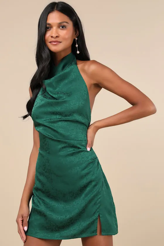 Simply a Stunner Emerald Jacquard Cowl Backless Mini Dress sold by Lulus product image thumbnail 4