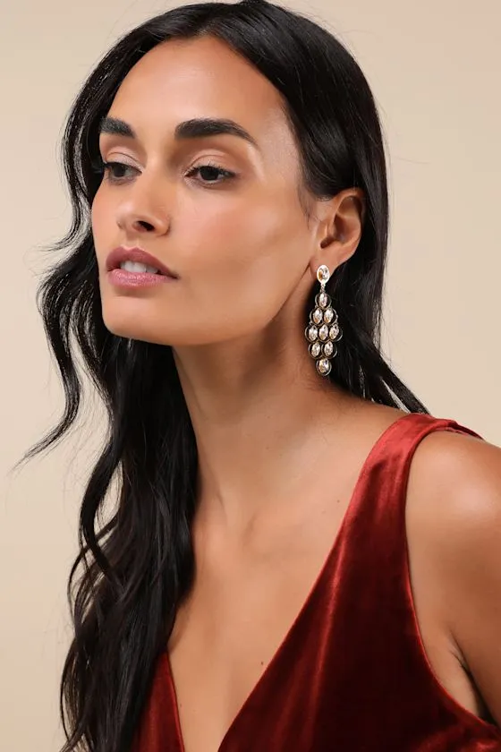 Noteworthy Sparkle Gold Rhinestone Drop Earrings sold by Lulus