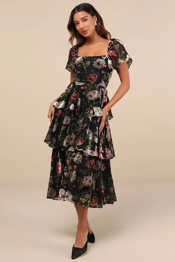 Darling Endeavor Black Velvet Burnout Tiered Midi Dress sold by Lulus