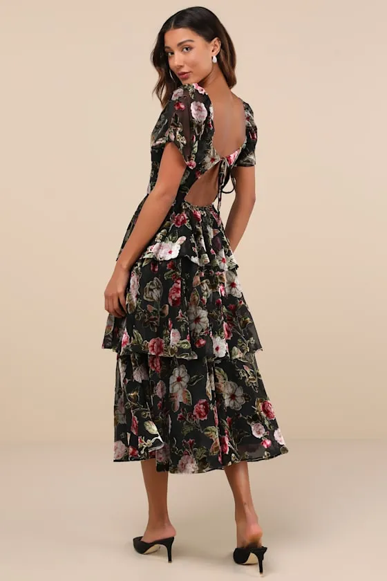 Darling Endeavor Black Velvet Burnout Tiered Midi Dress sold by Lulus product image thumbnail 2