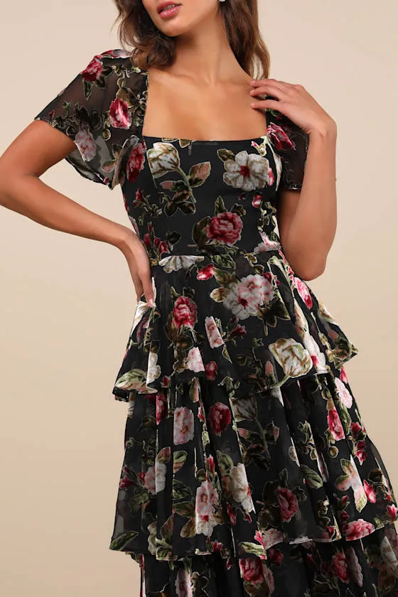 Darling Endeavor Black Velvet Burnout Tiered Midi Dress sold by Lulus product image thumbnail 4