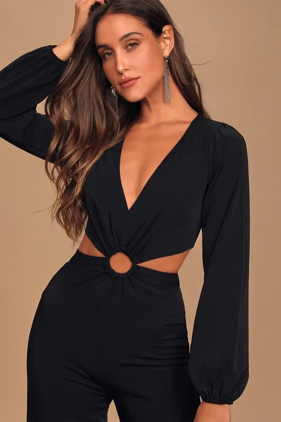 Vegas Nights Black Long Sleeve Cutout Jumpsuit sold by Lulus