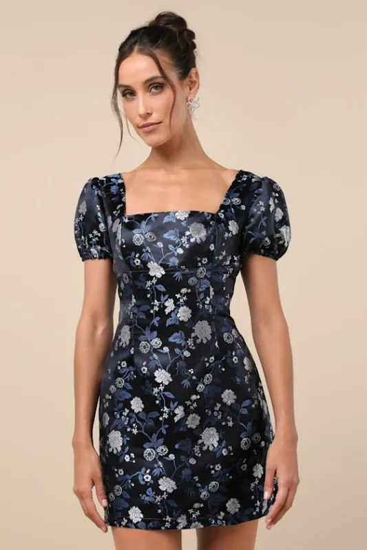 Dramatic Beauty Black Floral Jacquard Puff Sleeve Mini Dress sold by Lulus