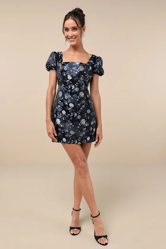 Dramatic Beauty Black Floral Jacquard Puff Sleeve Mini Dress sold by Lulus product image thumbnail 3
