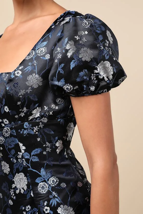 Dramatic Beauty Black Floral Jacquard Puff Sleeve Mini Dress sold by Lulus product image thumbnail 4