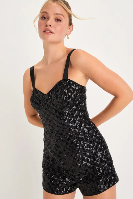 Alluring Glow Black Sequin Sleeveless Bustier Romper sold by Lulus