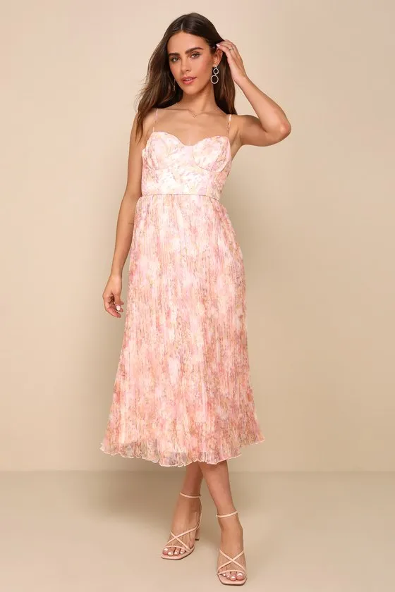 Finest Endeavor Blush Pink Floral Pleated Bustier Midi Dress sold by Lulus
