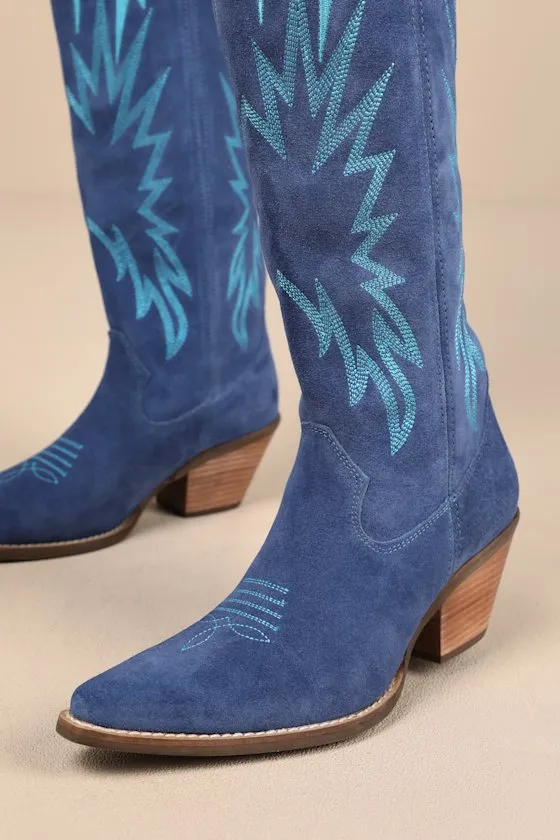 Thunder Road Blue Suede Leather Knee-High Western Boots sold by Lulus product image thumbnail 2