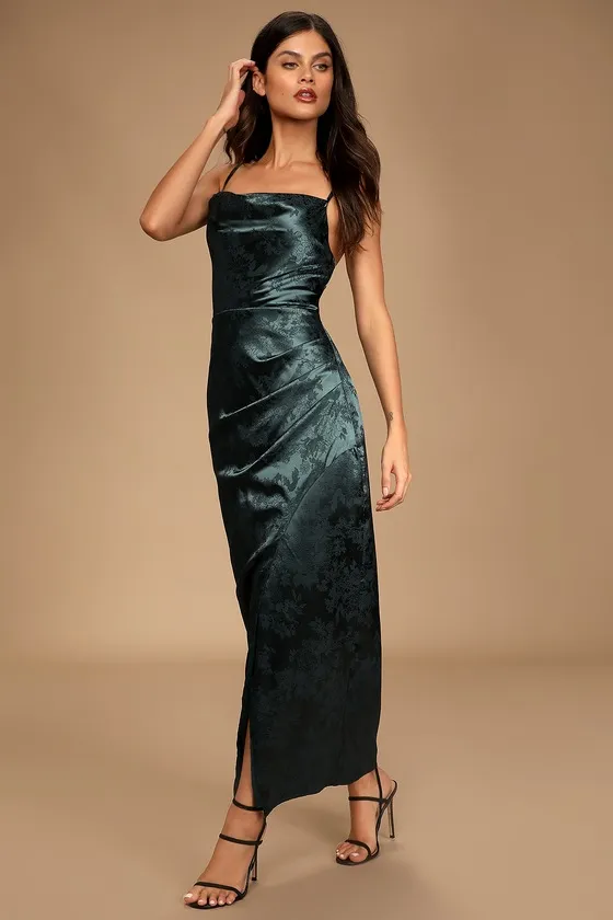 Under the Moonlight Emerald Green Satin Jacquard Maxi Dress sold by Lulus