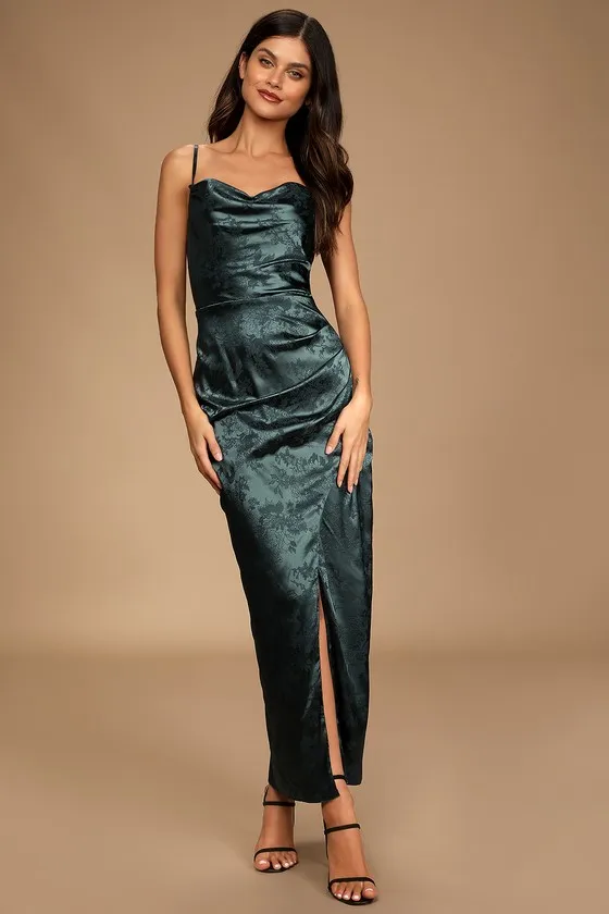 Under the Moonlight Emerald Green Satin Jacquard Maxi Dress sold by Lulus product image thumbnail 2