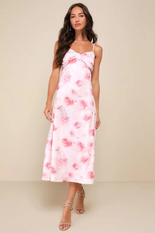 Easily Radiant Pink Floral Print Tie-Back Midi Dress sold by Lulus