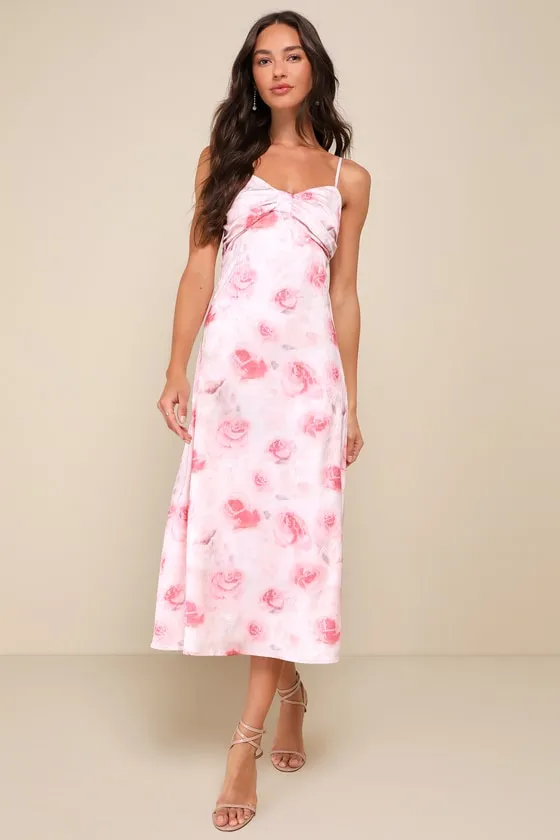 Easily Radiant Pink Floral Print Tie-Back Midi Dress sold by Lulus