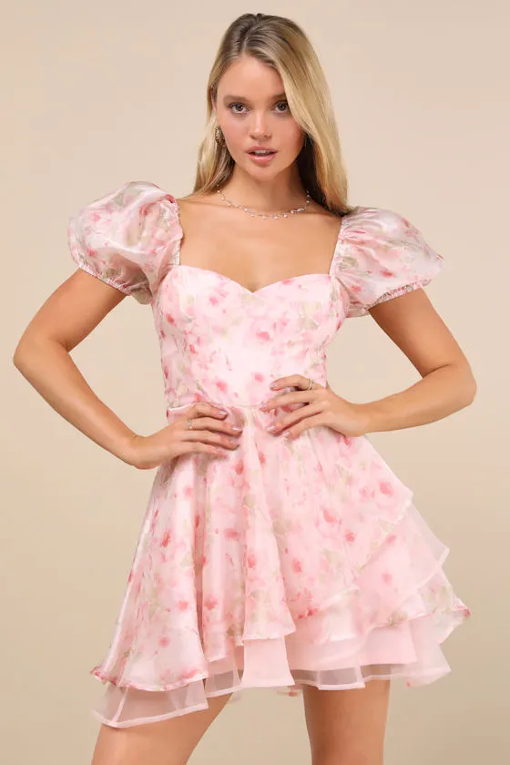 Captivating Sweetheart Pink Floral Tiered Puff Sleeve Mini Dress sold by Lulus