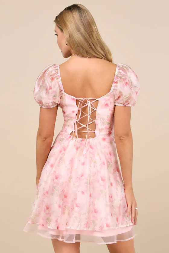 Captivating Sweetheart Pink Floral Tiered Puff Sleeve Mini Dress sold by Lulus product image thumbnail 2