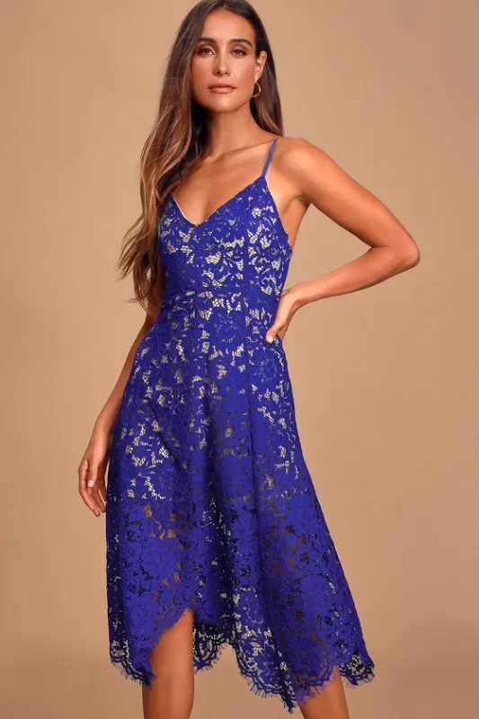 One Wish Royal Blue Lace Midi Dress sold by Lulus