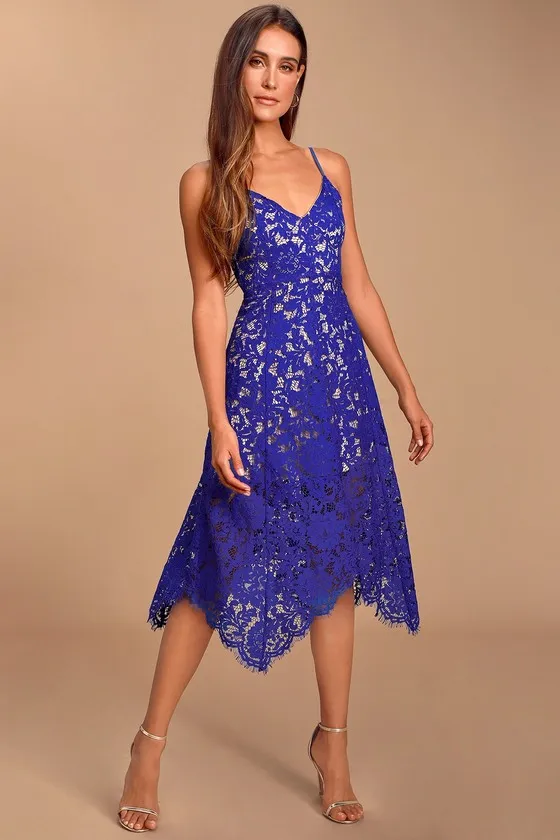 One Wish Royal Blue Lace Midi Dress sold by Lulus product image thumbnail 4