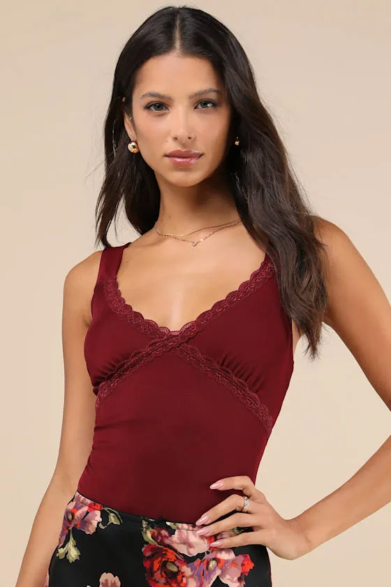 Perfectly Effortless Burgundy Mesh Lace Sleeveless Bodysuit sold by Lulus