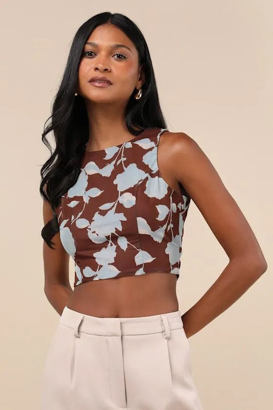 Coveted Essence Brown Floral Mesh Cutout Tie-Back Crop Tank Top sold by Lulus