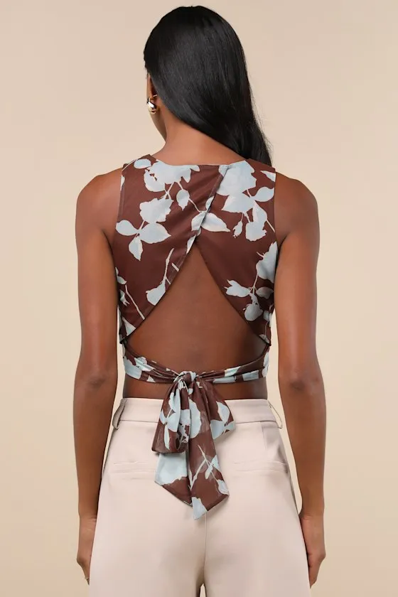Coveted Essence Brown Floral Mesh Cutout Tie-Back Crop Tank Top sold by Lulus product image thumbnail 2