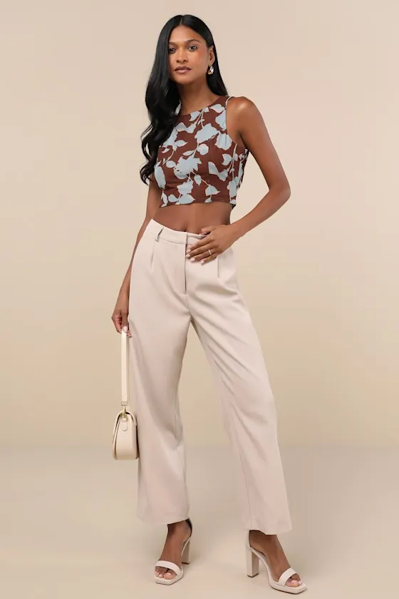 Coveted Essence Brown Floral Mesh Cutout Tie-Back Crop Tank Top sold by Lulus product image thumbnail 3
