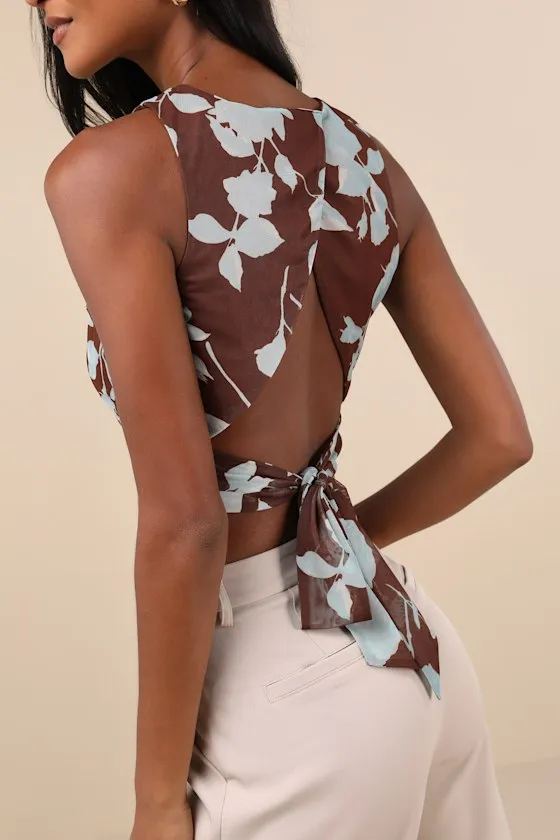 Coveted Essence Brown Floral Mesh Cutout Tie-Back Crop Tank Top sold by Lulus product image thumbnail 4