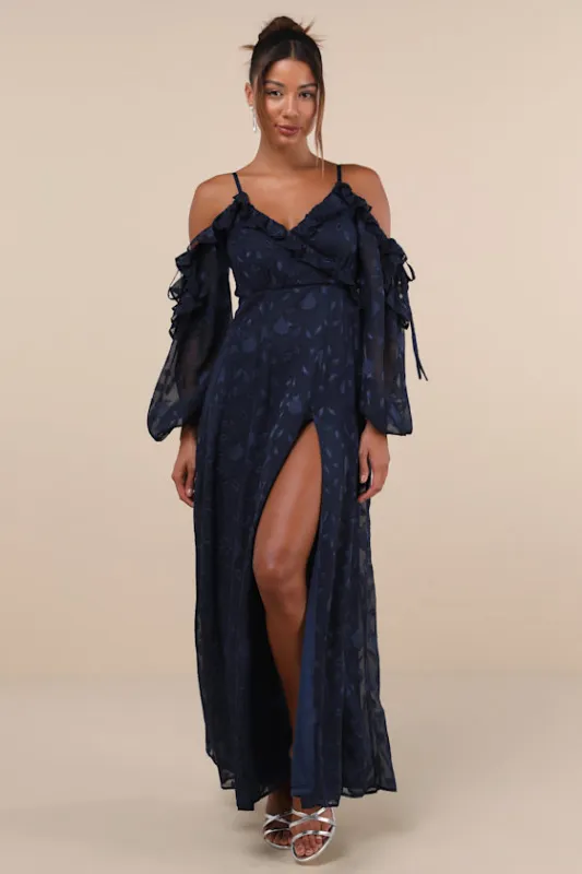 Pleasant Aura Navy Blue Floral Burnout Cold-Shoulder Maxi Dress sold by Lulus