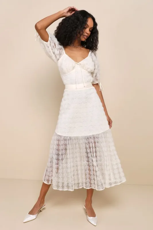 Ideal Adoration Cream Tulle Swiss Dot Rosette Midi Skirt sold by Lulus