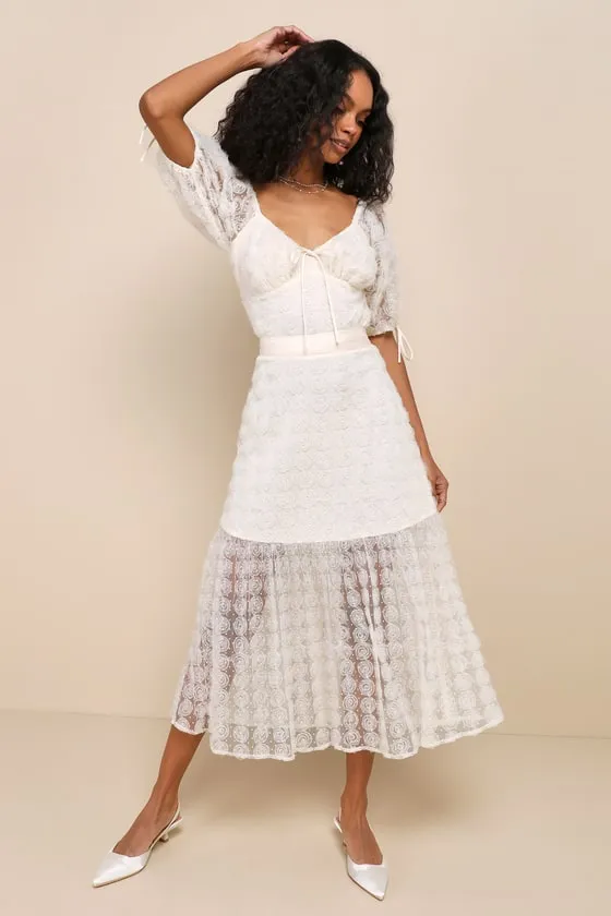 Ideal Adoration Cream Tulle Swiss Dot Rosette Midi Skirt sold by Lulus