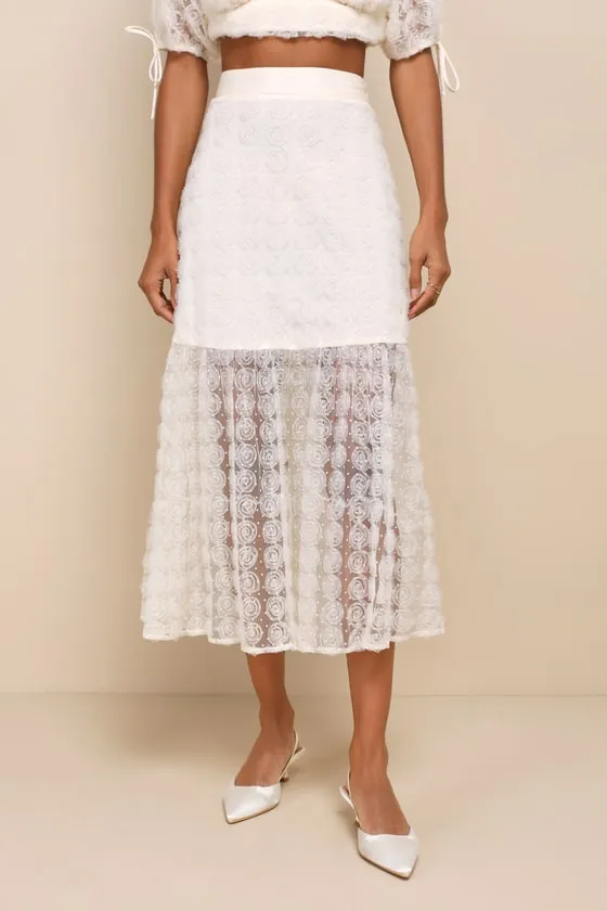 Ideal Adoration Cream Tulle Swiss Dot Rosette Midi Skirt sold by Lulus product image thumbnail 2