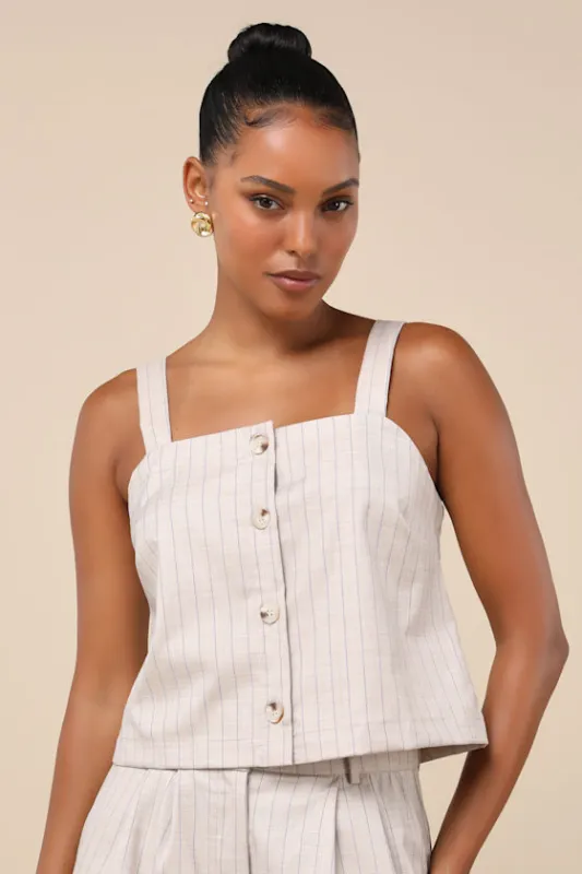 Breezy Catch Beige and Blue Pinstriped Button-Up Cami Top made by Lulus