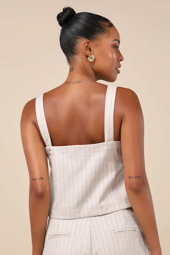 Breezy Catch Beige and Blue Pinstriped Button-Up Cami Top sold by Lulus product image thumbnail 2
