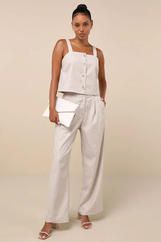 Breezy Catch Beige and Blue Pinstriped Button-Up Cami Top sold by Lulus product image thumbnail 3