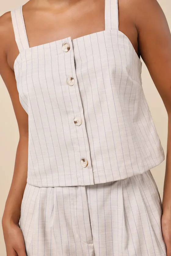Breezy Catch Beige and Blue Pinstriped Button-Up Cami Top sold by Lulus product image thumbnail 4