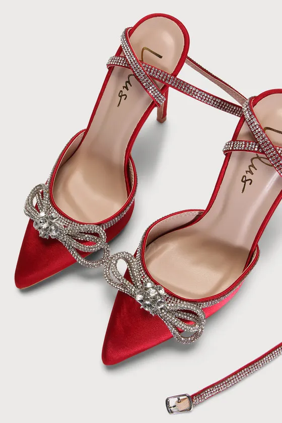 Lullie Red Satin Rhinestone Ankle Strap Pointed-Toe Pumps sold by Lulus product image thumbnail 3