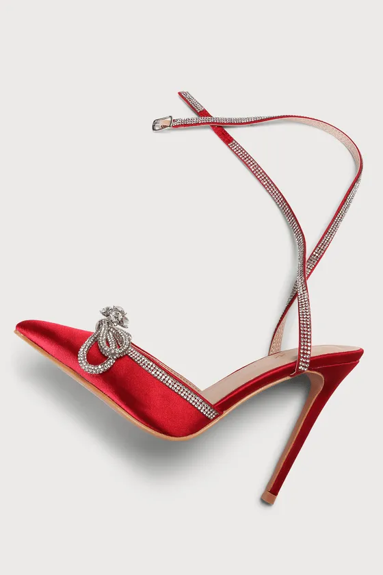 Lullie Red Satin Rhinestone Ankle Strap Pointed-Toe Pumps sold by Lulus product image thumbnail 4