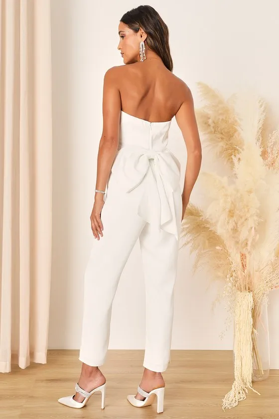 Beloved Bliss Ivory Strapless Slim Leg Bow Jumpsuit sold by Lulus