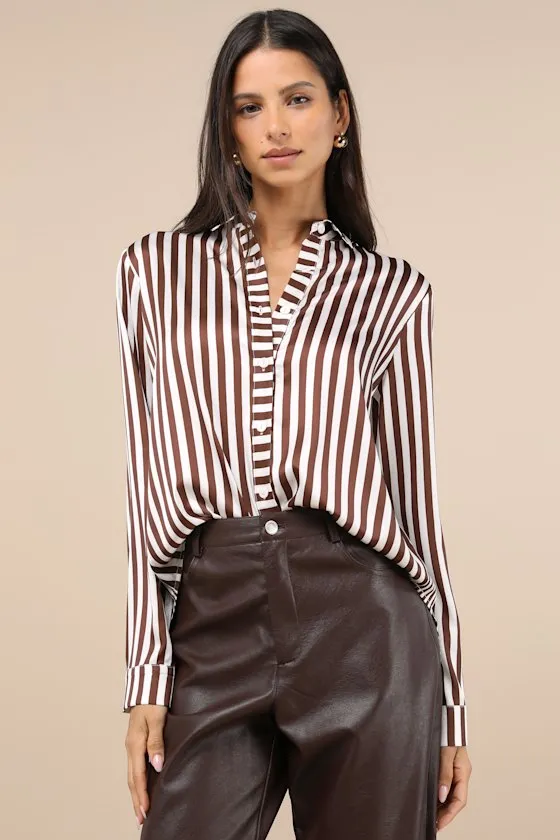 Playfully Composed Brown and White Striped Satin Button-Up Top sold by Lulus