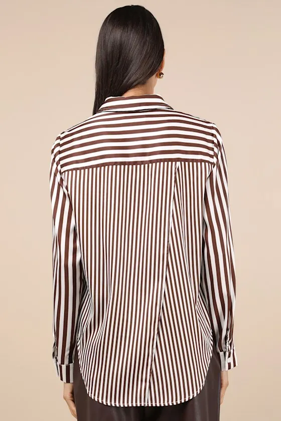 Playfully Composed Brown and White Striped Satin Button-Up Top sold by Lulus product image thumbnail 2