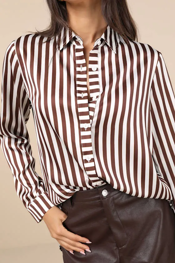 Playfully Composed Brown and White Striped Satin Button-Up Top sold by Lulus product image thumbnail 4
