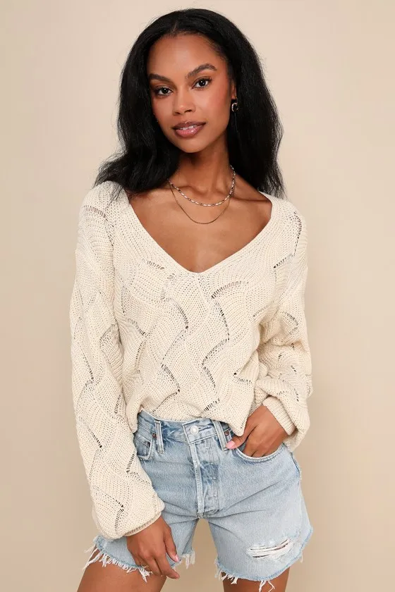 Cute Lifestyle Cream Pointelle Knit V-Neck Sweater Top sold by Lulus
