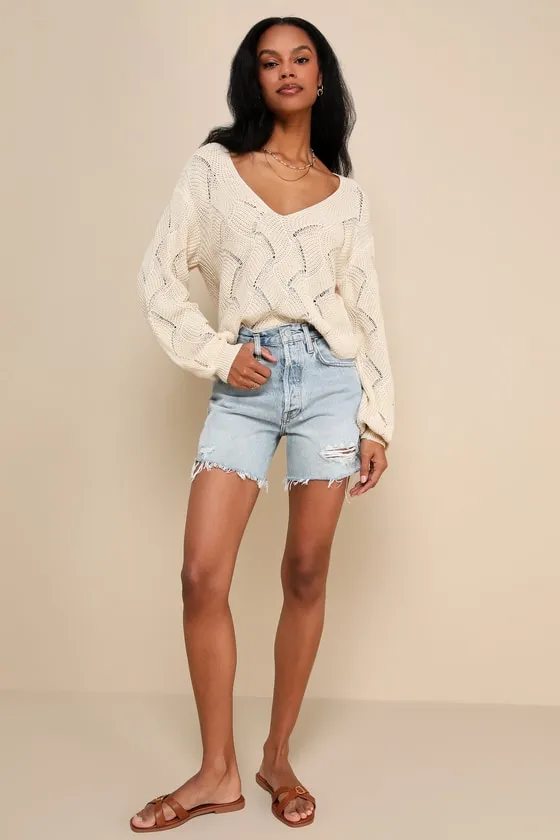 Cute Lifestyle Cream Pointelle Knit V-Neck Sweater Top sold by Lulus product image thumbnail 2