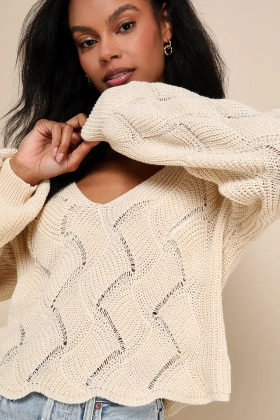 Cute Lifestyle Cream Pointelle Knit V-Neck Sweater Top sold by Lulus product image thumbnail 4